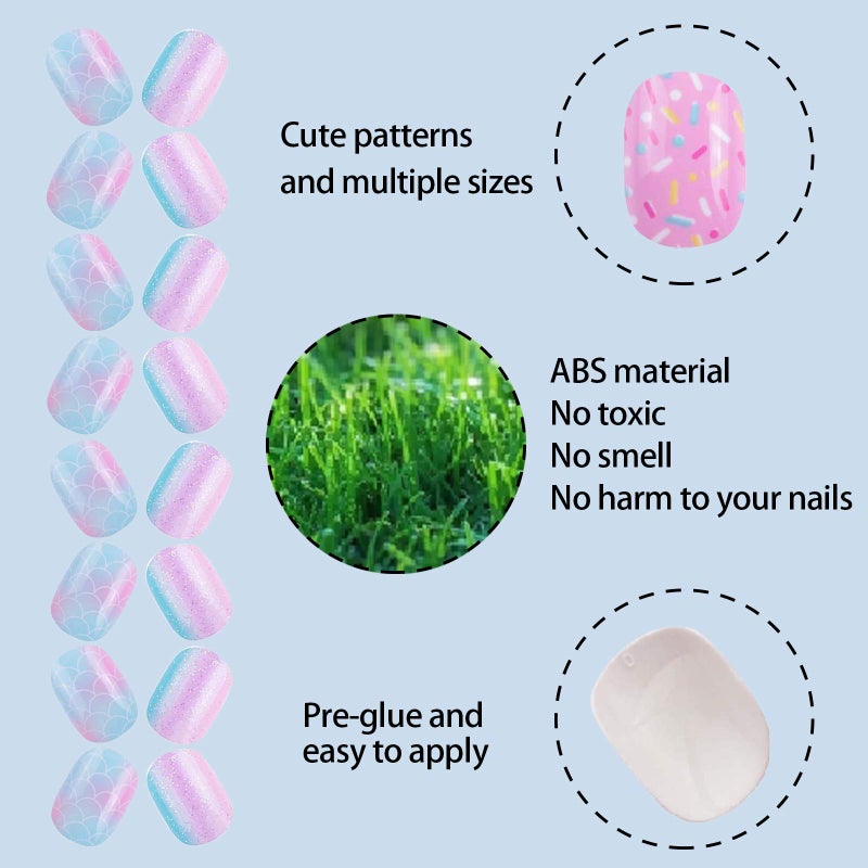 SIUSIO 120 Pcs 5 Pack Children Acrylic Fake Nails Press on Pre-glue Full Cover Glitter Gradient Color Rainbow Short False Nail Art Kits Set for Kids Little Girls - Multicolor Gradient Series - Image 3